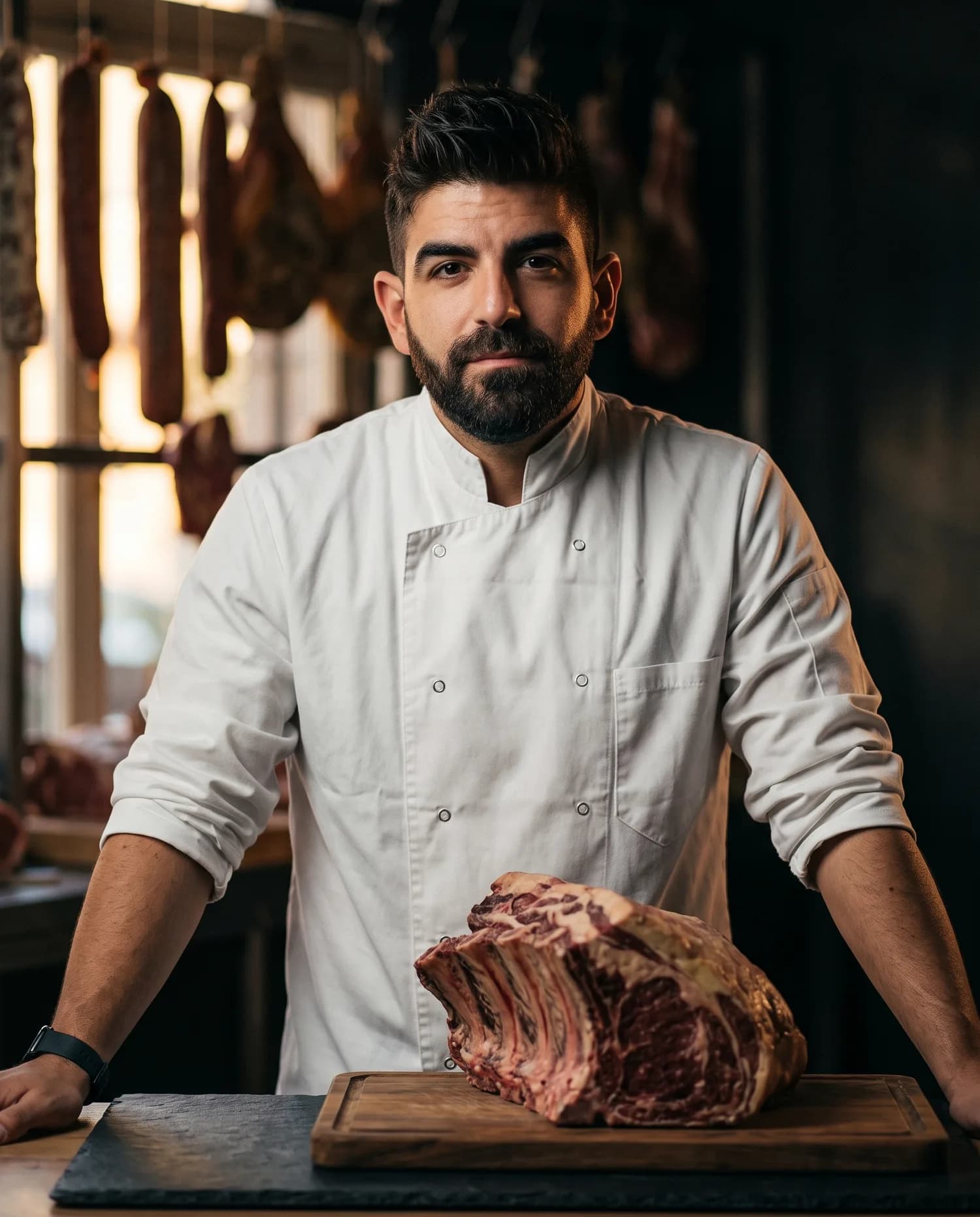 The butcher of To Fresko at the shop counter