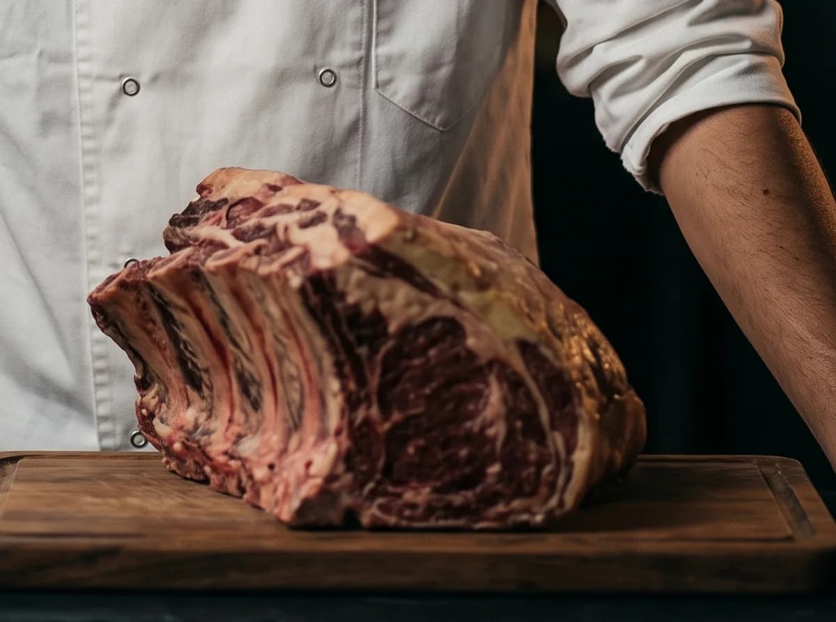 Dry-aged beef rib on a wooden board at the shop counter